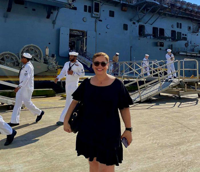Vicki Bello during Fleet Week 2024 in front of the USS Bataan. Photo courtesy of Vicki Bello.